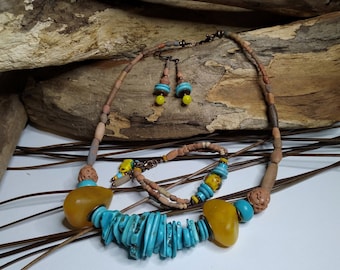 Necklace+earrings+bracelet set, rustic/ethnic, magnesite, ancient Moroccan resin and African terracotta, lampwork, gift