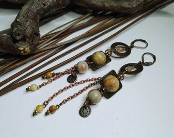 Hippie/bohemian earrings, crazy lace agate and copper beads, long, boho chic, beige/ochre, rustic, women's gift