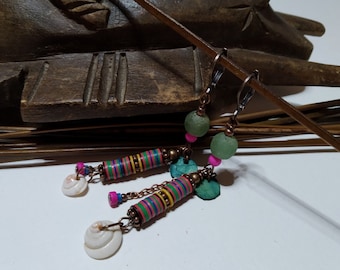 Long ethnic earrings, hippie, krobos beads, African vinyl washers, shell, petrified wood, multicolored, gypsy, gift