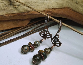 Ethnic earrings, Tibetan Dzi agates and Picasso jasper, green/ochre, rustic, short, water lily charms, gems, women's gift