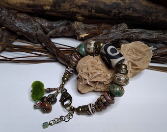 Boho bracelet, ethnic chic, large Tibetan DZI agate beads, Picasso jasper, gems, brown/green, autumn colors, women's gift