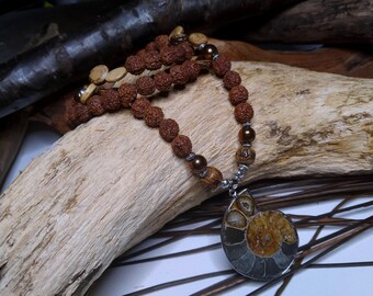 Unisex rustic long necklace, ammonite pendant, fossil stone, rudrakshas and coconut seed beads, coppery hematite, boho, gift
