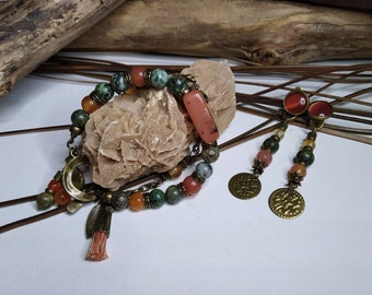 Boho bracelet and earrings, carnelian and African turquoise, gemstones, green/orange, 2 rows, ethnic chic, women's gift