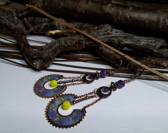 Large and long earrings, urban rustic, bohemian chic, enameled copper floral pattern, amethyst, purple/yellow, lampwork, women's gift