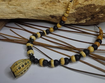 Tribal rustic short necklace, artisanal ceramics and lava beads, black and ochre, earthy and mineral ceramics, women's gift.