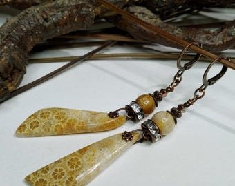 Earrings with slices and natural fossil coral beads, natural, ochre/beige/brown, delicate, boho chic, gift for women