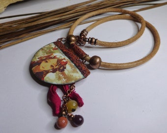 Necklaces flush with Japanese enamelled copper neck, female character, spun glass, raw leather lace, minimalist ethnic, women's gift