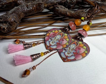 Ethnic earrings, enameled copper Ganesh and multicolored lotus flower, pink lampwork, agate, pompom, pink/orange/yellow, women's gift