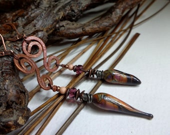 Oxidized copper earrings and artisanal lampwork-spun glass beads, urban rustic/boho chic, purple/salmon, women's gift