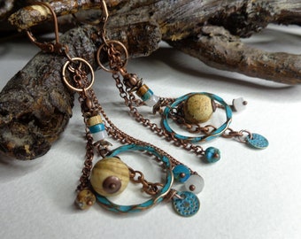 Bohemian earrings, hippies, landscape jasper, heishi quartz and imperial jasper, boho chic, blue and ocher, rustic, women's gift