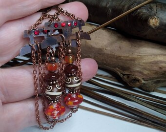 Long ethnic/boho style earrings, copper and lampwork, dzi agate and carnelian, red/brown/copper, original, light, gift