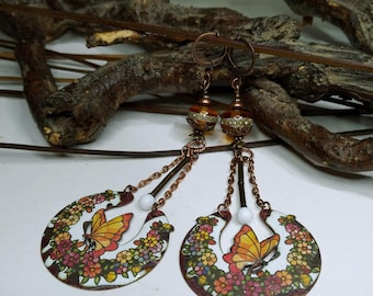 Boho-style earrings, romantic, enameled copper with butterfly, original shape, spun glass bead, orange/multicolored, gift for women