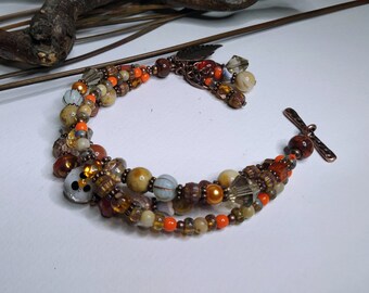 Bracelet bohème multi rangs, perle au chalumeau, agate crazy lace et verre de bohème, orange/ocre/blanc, boho chic, cadeau femme