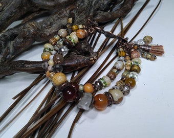 Pulsera boho chic de varias hileras, piedras finas, cristal boho, cristal de roca, cuentas Picasso, marrón/ocre, regalo mujer