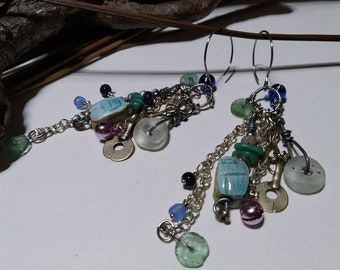 Bohemian earrings, hippies, gypsy, ceramic Egyptian scarab, Roman glass, Kuchi charm, blue/silver, women's gift