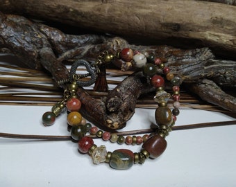 Bracelet double bohème chic, ethnique, jaspe picasso et perles en verre de bohème, 2 rangs, rustique, gemmes multicolores, cadeau femme