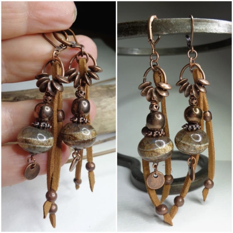 rustic earrings boho chic gems dZi agates copper Hematite Brown camel suede ties women/'s gift, Ethnic