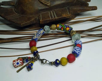 Multicolored ethnic bracelet, rustic, tribal, African and Indonesian beads, handmade brass bead, semi-rigid, unisex gift