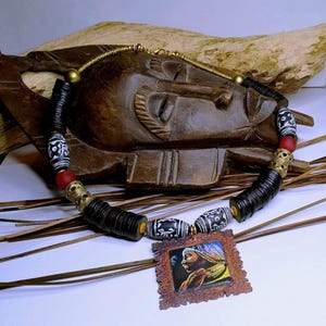 Ethnic mid-length necklaces, enameled copper portrait painting, handcrafted African beads, terracotta brass koffi discs, women's gift image 12