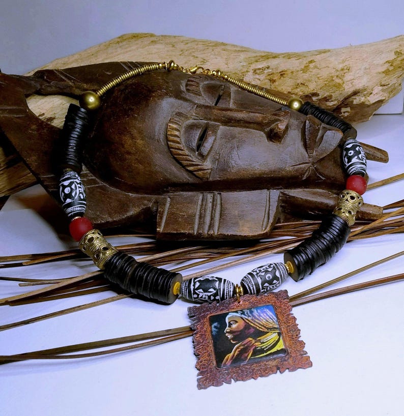 Ethnic mid-length necklaces, enameled copper portrait painting, handcrafted African beads, terracotta brass koffi discs, women's gift image 12
