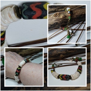 Bracelet tribale unisexe, coquille œuf d'autruche, perles tribales indonésiennes, rondelles de bauxite, bracelet ethnique, ivoire/noir/vert image 10