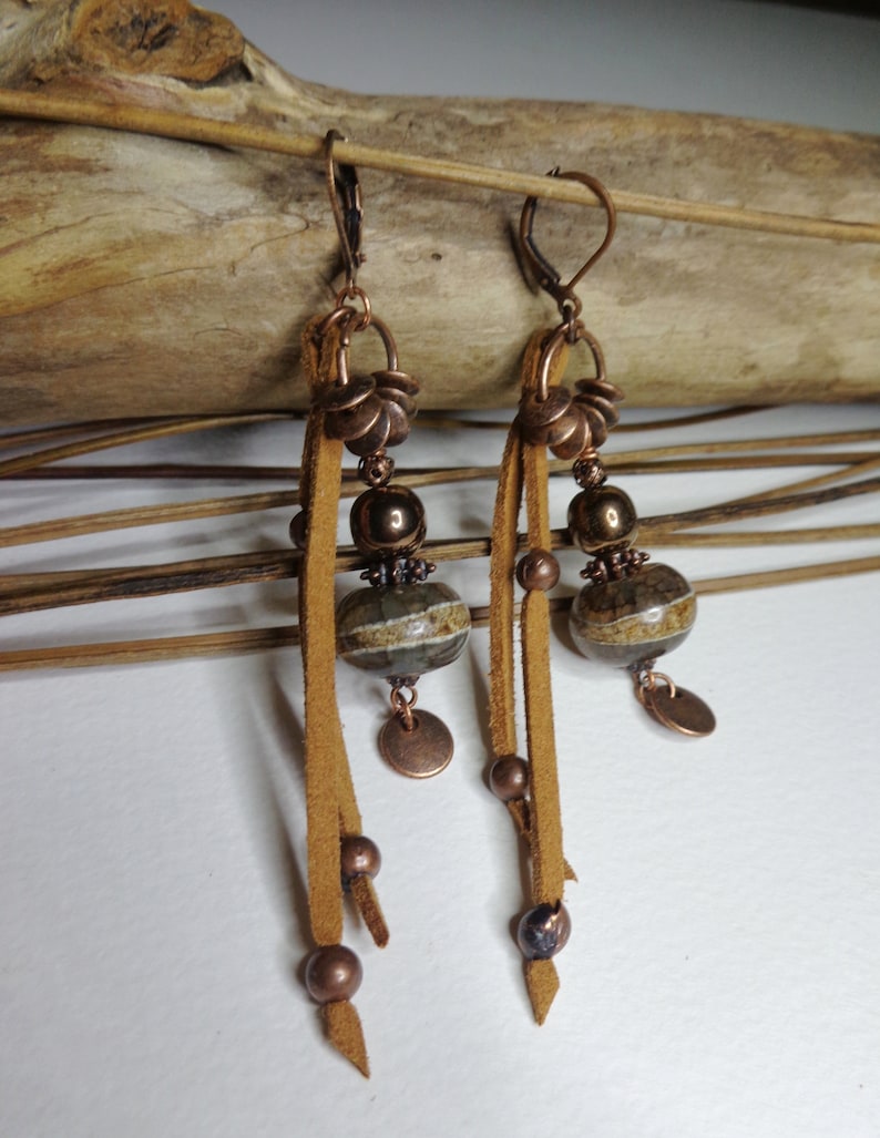 rustic earrings boho chic gems dZi agates copper Hematite Brown camel suede ties women/'s gift, Ethnic