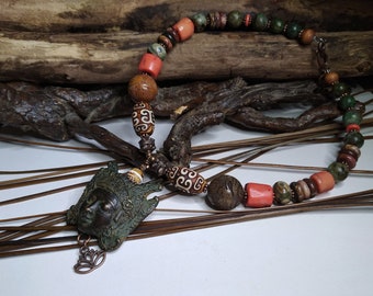 Ethnic unisex tribal choker, ancient Hindu divinity head pendant patinated bronze Krishna, African turquoise coral agate dzi, gift