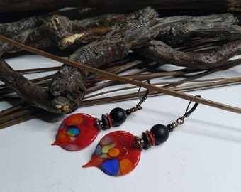 Red and black earrings, lampwork beads and matte onyx, red/multicolored lampwork leaves, short, gems, women's gift