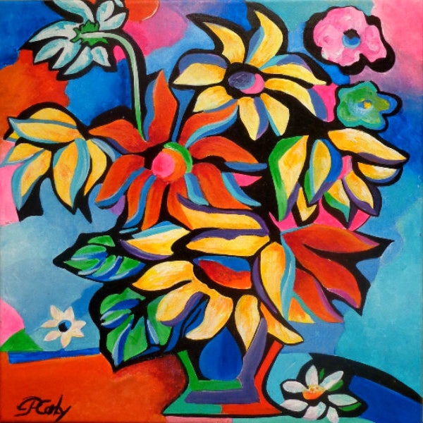 Bouquet de printemps, Peinture coloriste, acrylique sur toile coton enduit, peinture moderne, bouquet stylisé, peinture multicolore, cadeau.