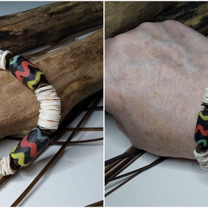 Bracelet tribale unisexe, coquille œuf d'autruche, perles tribales indonésiennes, rondelles de bauxite, bracelet ethnique, ivoire/noir/vert image 2