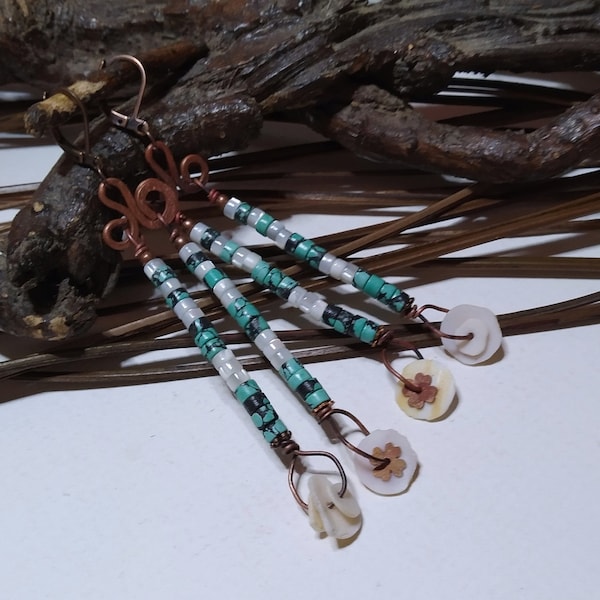 Long and thin boho chic earrings, African turquoise and mother-of-pearl, copper, ostrich eggshell, light, urban, women's gift