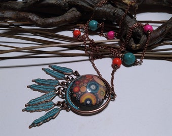 Élégant collier bohème/hippie, pendentif cuivré style Mykonos et grosse perle artisanale porcelaine multicolore, howlite teintée, cadeau