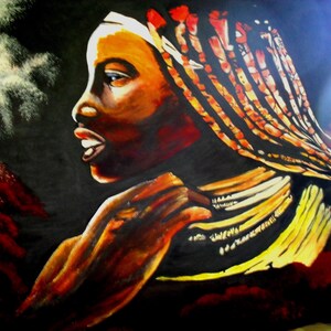 May include: An oil painting depicts a person in profile against a dark background. The person has dark skin, with warm orange and yellow highlights. They wear a white head covering and have long, orange and yellow braids. The person's hand is near their neck.