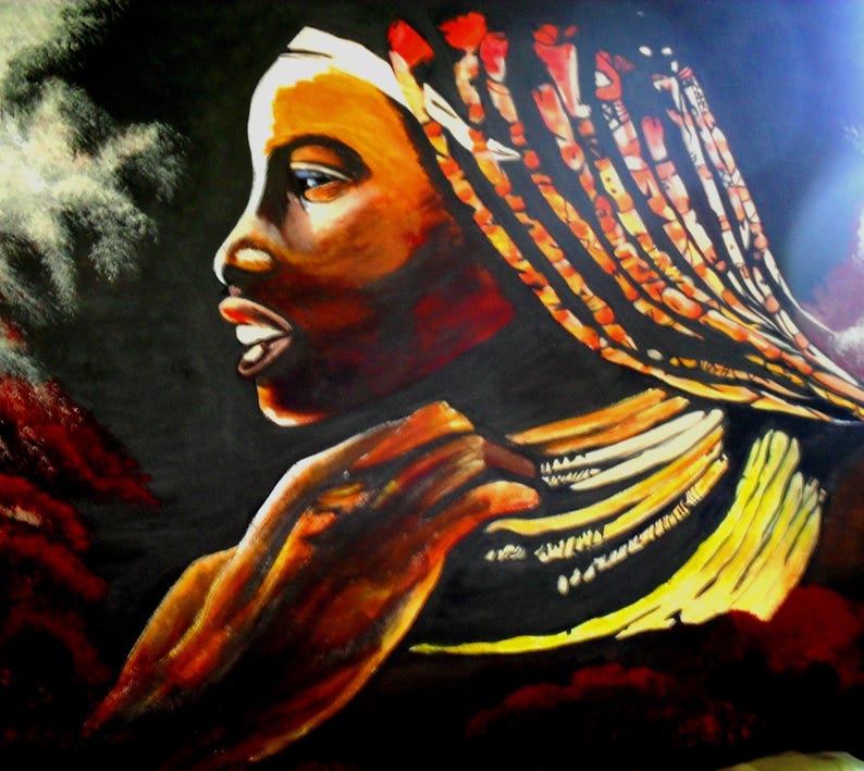 May include: An oil painting depicts a person in profile against a dark background. The person has dark skin, with warm orange and yellow highlights. They wear a white head covering and have long, orange and yellow braids. The person's hand is near their neck.