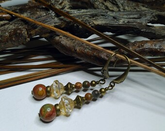 Bohemian, rustic earrings, Picasso jasper, boho glass, gemstones, elongated, multi-colored, women's gift, antique bronze.