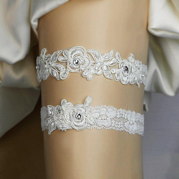 Crystal Garter Set, Light Ivory Pearl Beaded Wedding Garter Set ,Bridal Vintage Floral lace Garter Set,Customizable Handmade -GT048