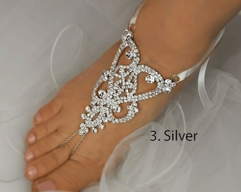 Rhinestone Wedding Barefoot Sandals, Silver Foot Jewelry