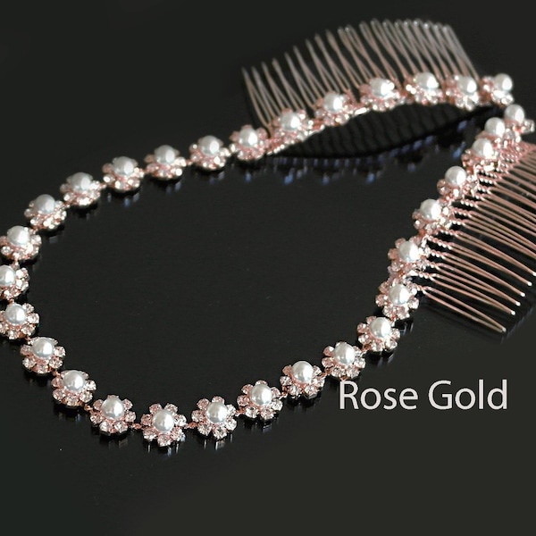 Rose Gold and Pearl Wedding Headband, Bridal Headpiece, Rhinestone Headband, Hair Tiara, Flower Girl,Hair Jewelry, Hair Accessory-HA039