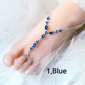 Blue Wedding Rhinestone Barefoot Sandals, Bridal Foot Jewelry,Silver Plated Rhinestone Foot Jewelry,Red Footless Sandal-SD052 1, blue