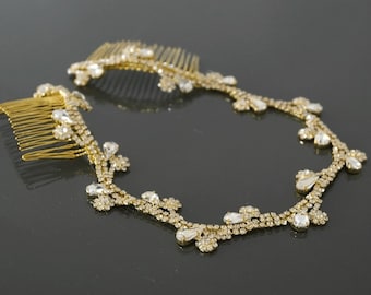 Gold Wedding Headband, Rhinestone Bridal Headpiece, Flower Girl Hair Tiara