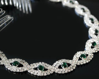 Emerald Green Rhinestone Wedding Headband, Bridal Hair Jewelry