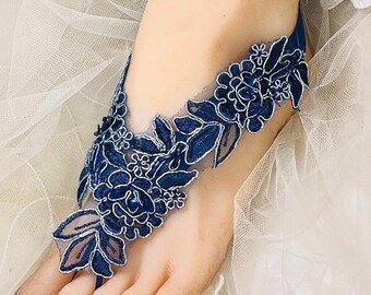 Blue Lace Wedding Barefoot Sandals, Navy Bridal Foot Jewelry