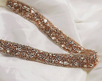 Bridal Rose Gold Plated Rhinestone Sash Belt, Wedding Crystal Sash, Wedding Accessories, Multi Color Satin Bridal Belt, Wedding Belt-BT 008
