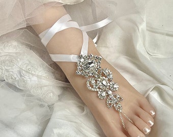 Wedding Barefoot Sandals, Bridal Foot Jewelry,Beach Sandals, Silver Rhinestone Foot Jewelry, Footless Sandal- FT049