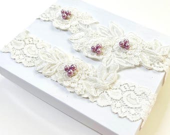 Vintage Lace Wedding Garter Set, Lavender Green Bead, Keepsake and Toss
