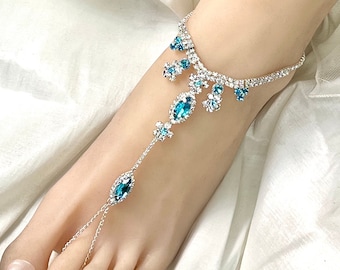 Blue Crystal Barefoot Sandals, Bridal Foot Jewelry ,Silver Plated Aquamarine Rhinestone Foot Jewelry, Footless Sandal, beach wedding-SD073