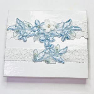 Light Blue Beaded Lace Wedding Garter Set , Keepsake Garter, Toss Garter, Customizable Handmade-GT029