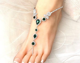 Emerald Green Rhinestone Barefoot Sandals, Silver Wedding Foot Jewelry