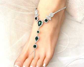 Emerald Green Barefoot Sandals, Bridal Foot Jewelry, Wedding Rhinestone Silver Foot Jewelry, Footless Sandal,Beach Sandals, Shoes-SD072