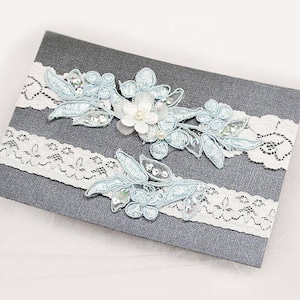 Light Blue Beaded Lace Wedding Garter Set , Keepsake Garter, Toss Garter, Customizable Handmade-GT029 image 1